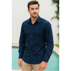 Alfani Navy Blue Geo Print L/S Button-Up Shirt L Athletic Fit Dress Shirt Casual